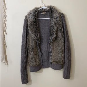 Faux fur gray knit button up cardigan sweater XL